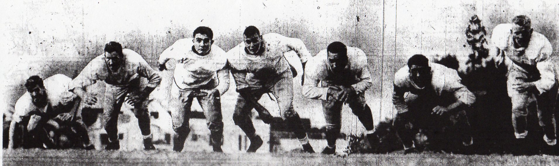 Bill Beeler, Hugh Latham, Jack Rosnos, Lou Erreca, Bob Stein, Volney Peters, and Dave Faddis (from left) were starting linemen in football carnival for Hoover. Peters went on to play nine seasons in NFL.