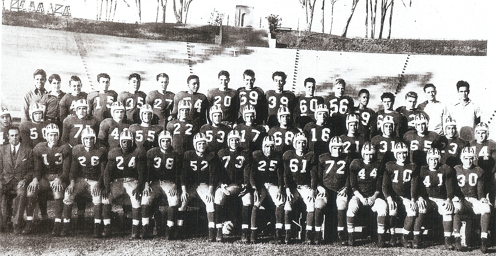 Joe Buerkle, in suit and tie, was at helm as Jess Bryant, 25 in first row, led San Diego to Coast League title. Johnny Ritchey, 59 in top row,. broke baseball Pacific Coast League color line in 1948.