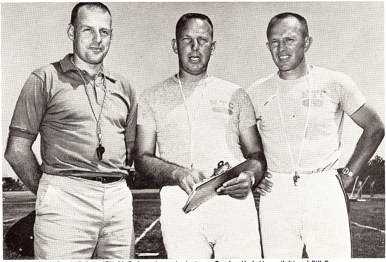 Embrey (center) was flanked by assistants Herb Meyer of Oceanside and Bill Green of Escondido during County squad preparations for the 1964 Breitbard College Prep All-Star game.