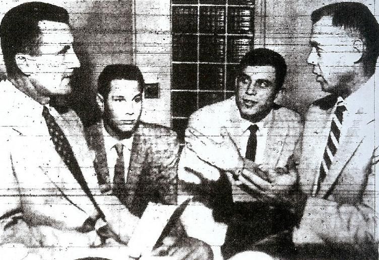 From left: Hoover coach Roy Engle, Cardinals' All-City center Dave Vorpahl, San Diego's all-Southern California tackle Calvert Fackrell, and Cavers' coach Duane Maley.