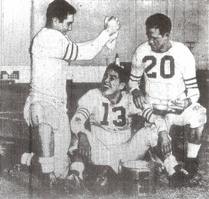 Quarterback Don Magee of Sweetwater enjoys impromptu water drop from Art Coltee and Don Lindsay (20).