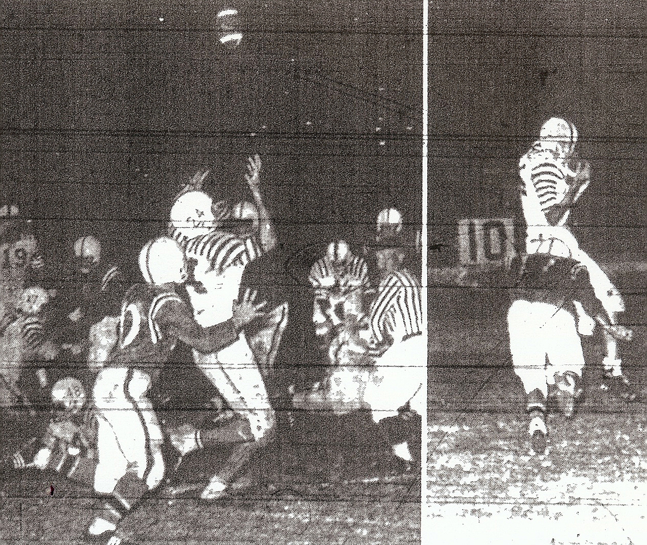 Steve Reiona (right photo) gets behind Escondido's Jerry Montiel to score touchdown near end of first half. Touchdown was redemption for Reina (24). Pass (left) pjoto bounced off Reina's shoulder and went high in the air, intecepted on Escondido's five-yard line by Gordon Calac, not pictured.