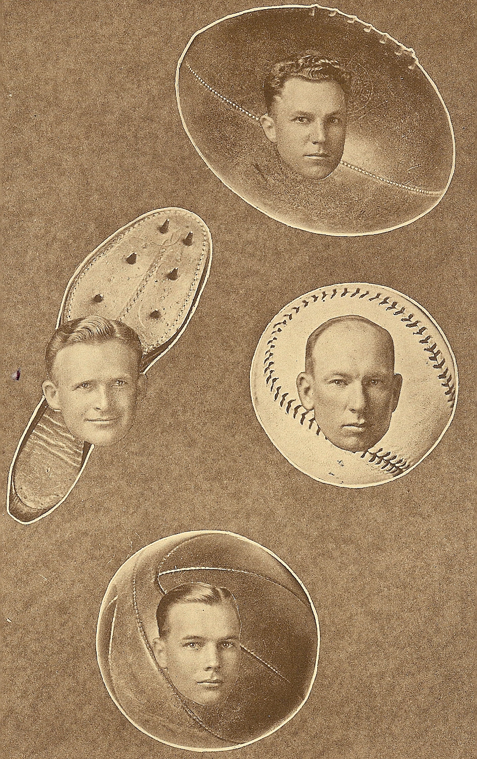 The 1927 Russ yearbook editor's vision of San Diego High coaches (clockwise from top): John Perry, Dewey (Mike) Morrow, John Hobbs, Glenn Broderick.