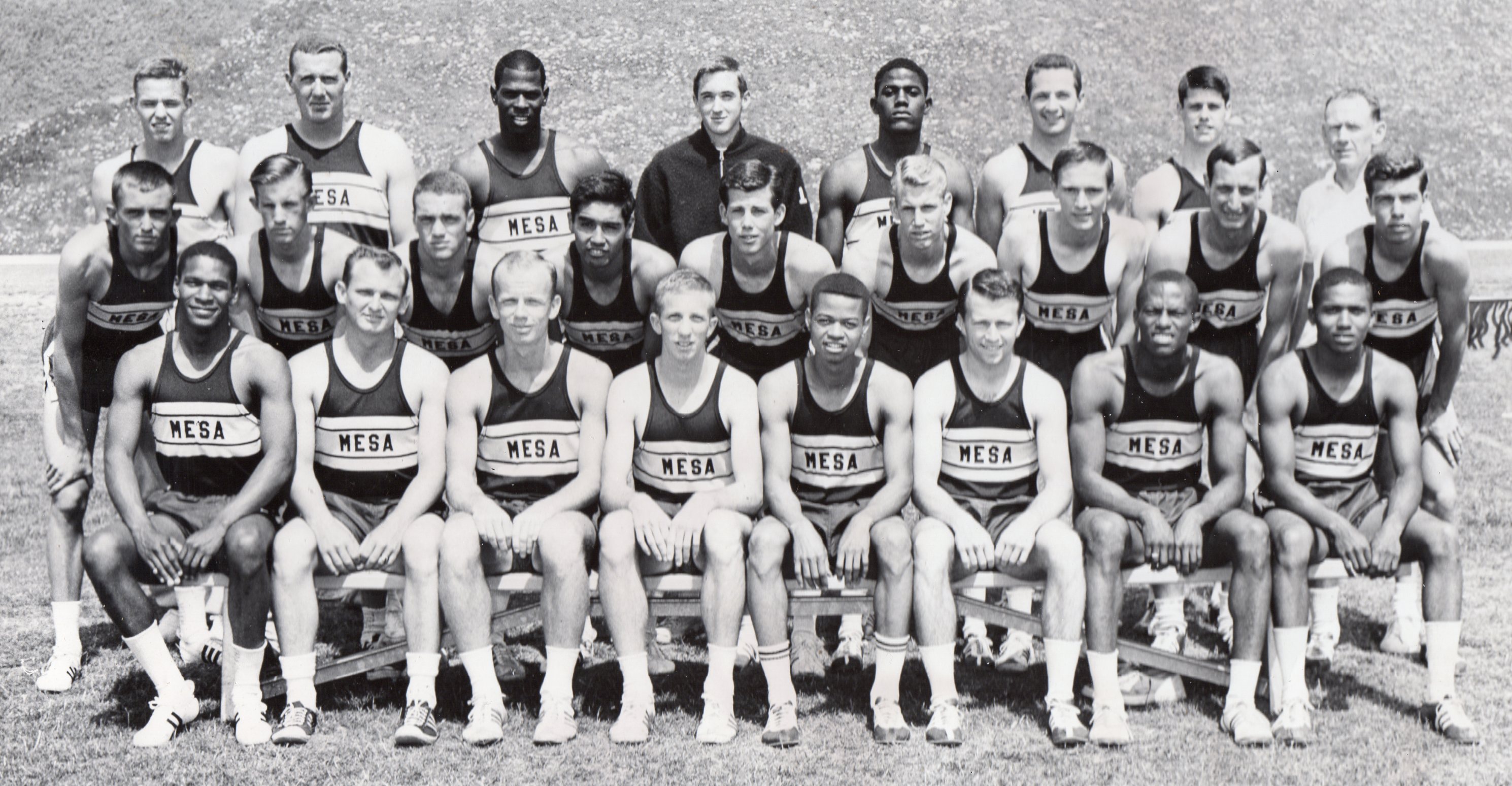 Mesa's first-year championship track squad. Front row, from left: Raymond Dixon, Pete Folger, Bob Oliver, Jerry Crites, Jimmy Fox, Doug Wright, Harold Moore, Ronald Ivory. Middle row, from left: Bob Hose, Dennis Christian, Dave Roman, Bill Trujillo, Rudy Knepper, Larry Rinder, George Watson, Frank Valenti, Jim Eddington. Top row, from left: Rex Ellis, Steve Lees, Bob Odom, Bob Millar, Howard Butler, unidentified, Ken Krause, Coxe.