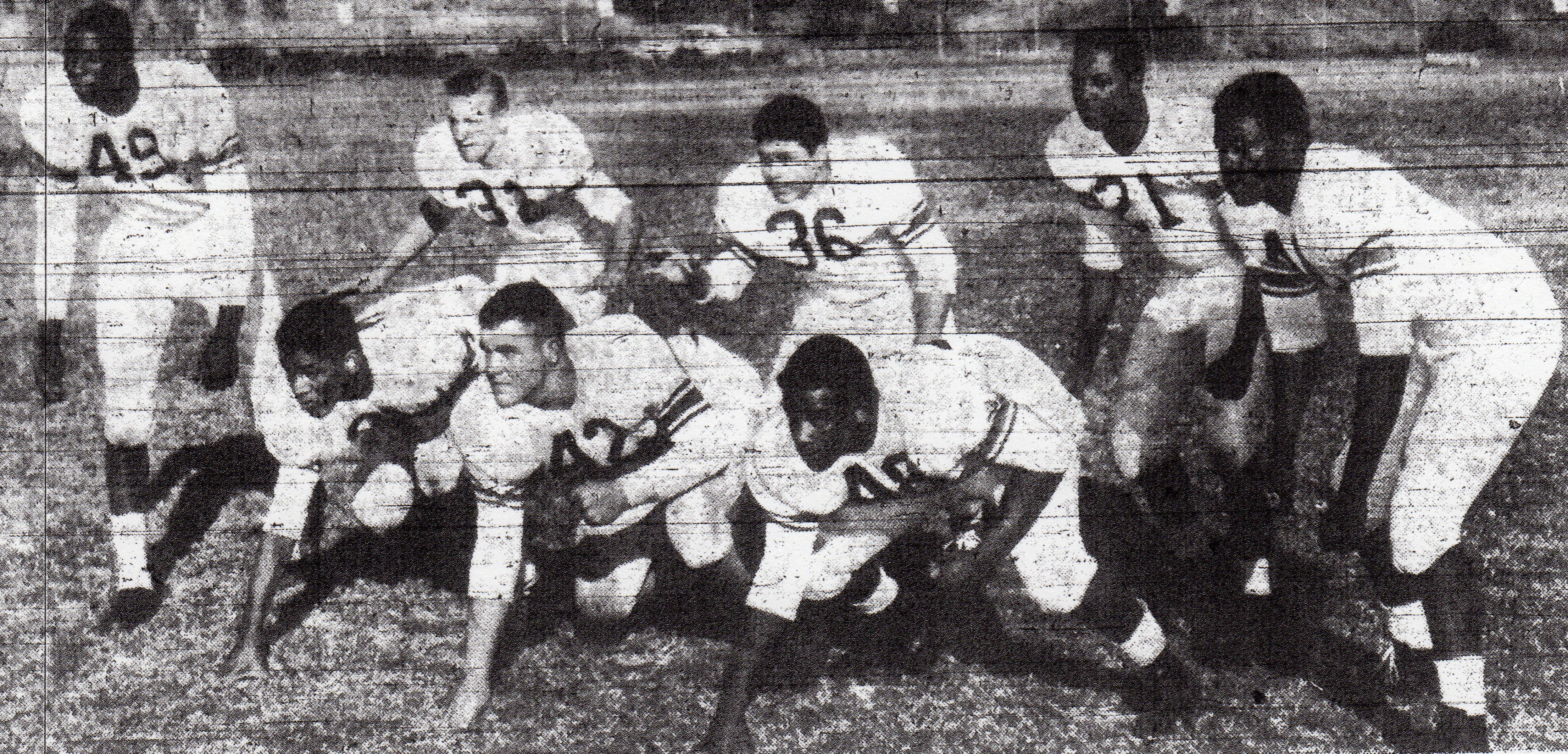 Part of the San Diego High defense that allowed 6 points in eight regular-season games: Oliver McKinney, Roy Pharis, Robert Fowler, from left in front, anchored line, backed up by, among others from left, Thurman Pringle, Charlie Dykstra, Robert Felix, H.D. Murphy, and Sam Edwards.